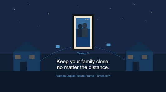 Timebox™ Frameo digital picture frame displaying a photo of a couple, connecting long distance families through shared memories