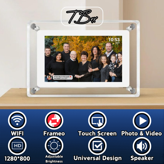 Digital picture frame on a wooden surface displaying a family photo with various features listed below . Frameo app, WiFi, Touch Screen, Photos & Videos