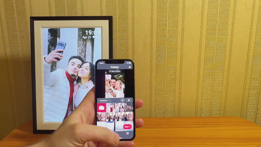 Timebox™ and Frameo logos next to a Frameo digital picture frame